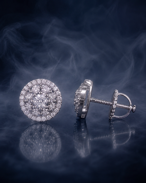 Amador studs, a pair of round pavé cluster stud earrings with a beaded halo edge and screw-back closure.
