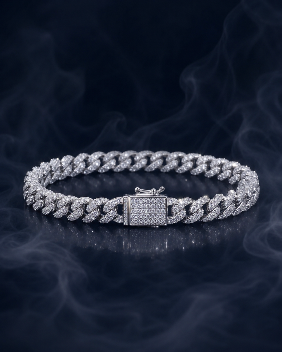 Regent Cuban bracelet, a silver Cuban link bracelet with pavé stones set edge to edge.
