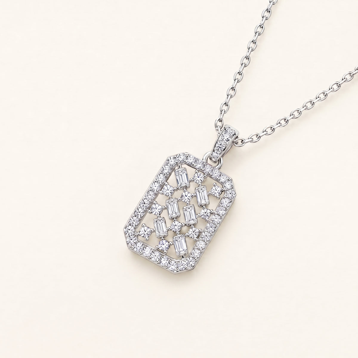 Second close view of the Solene pendant's stone lattice and frame.