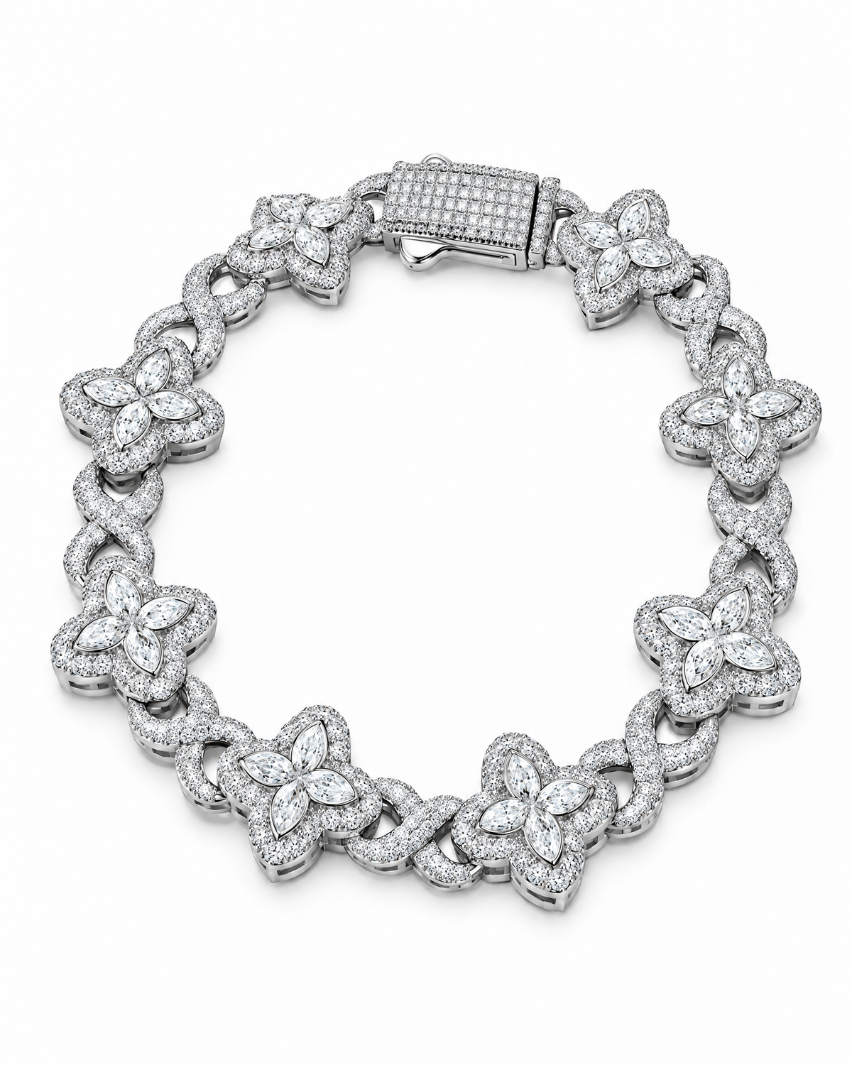 Close-up of the Camellia bracelet's floral stone clusters and twisted links.