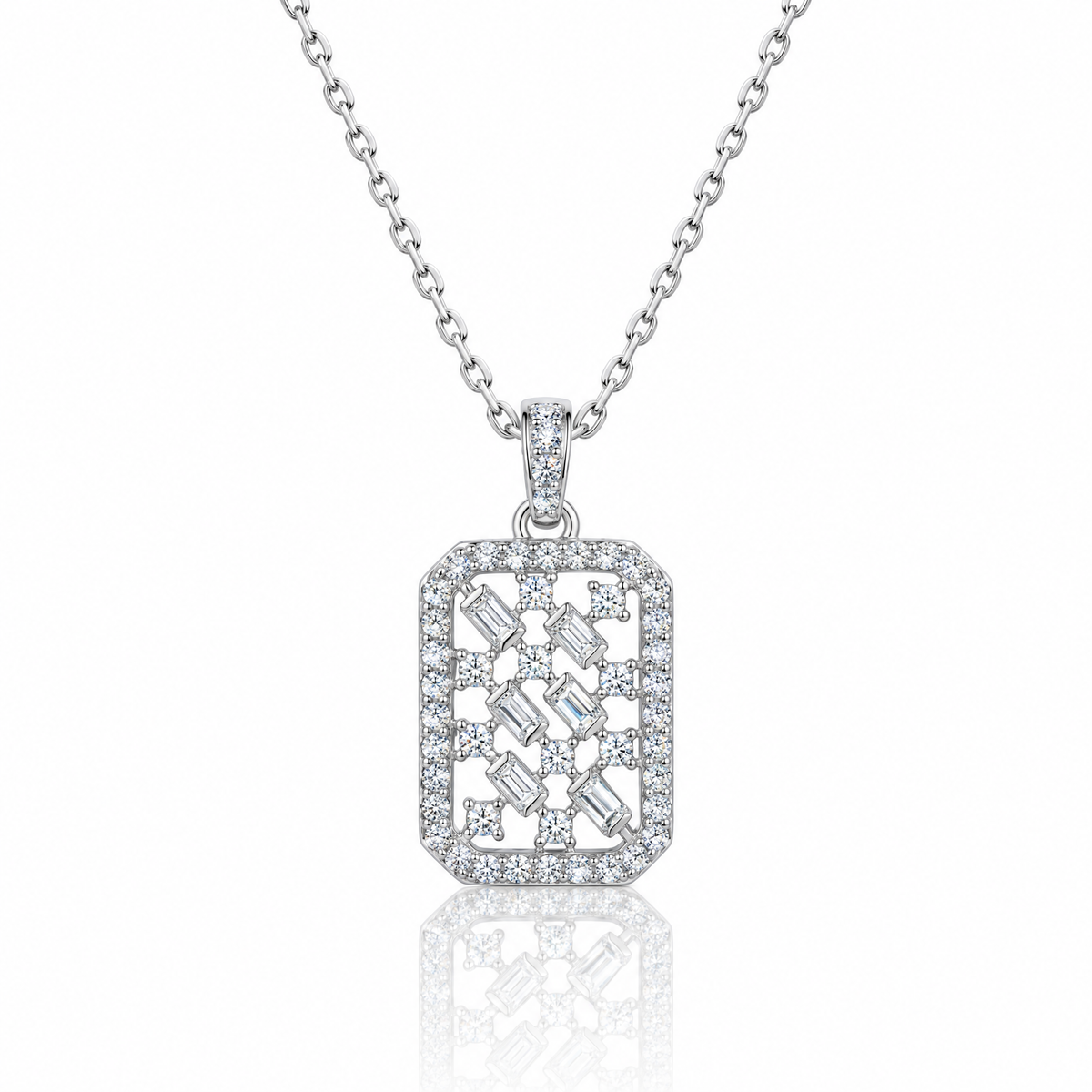Close-up of the Solene pendant's lattice of baguette and round stones in a polished frame.