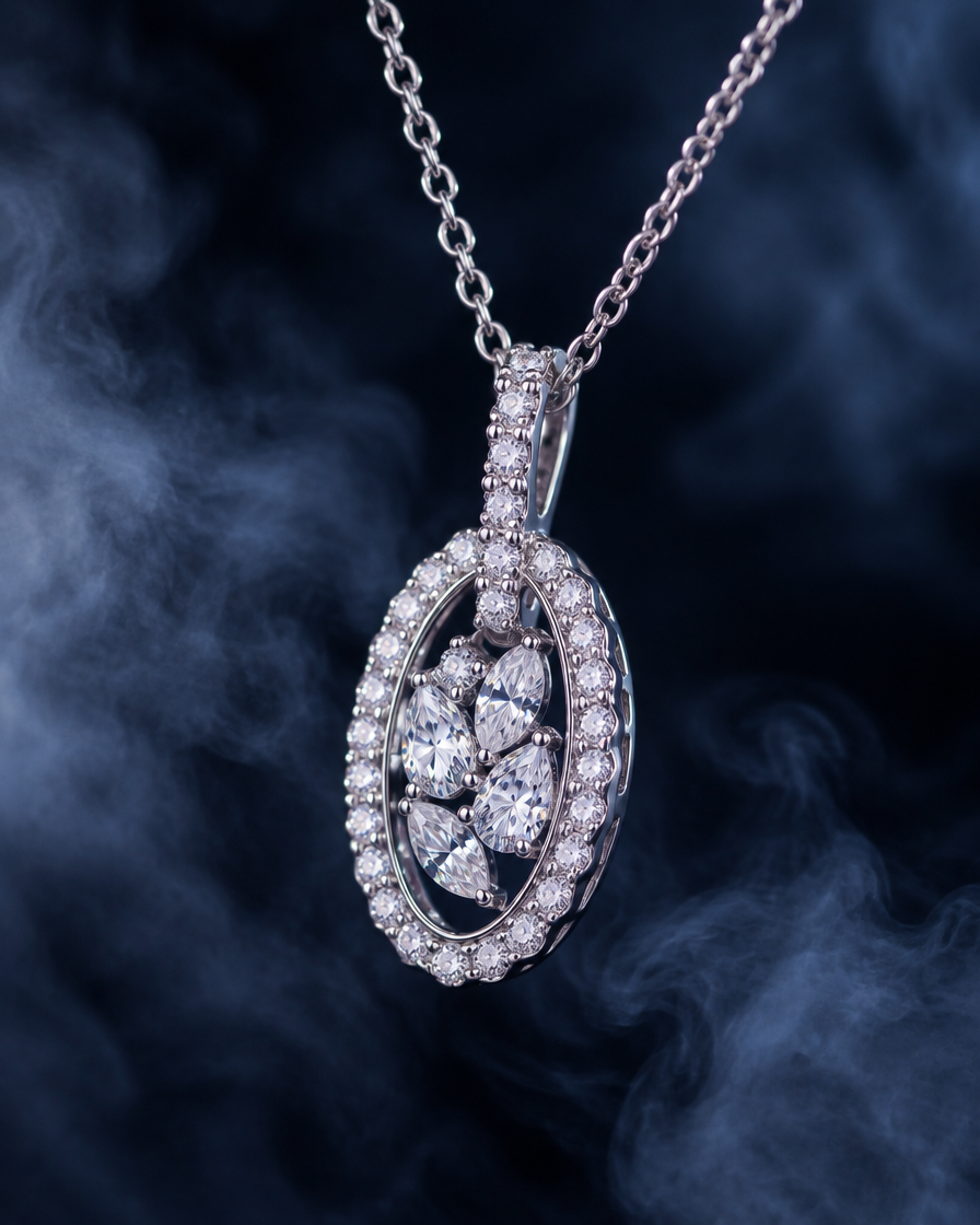 Meridian pendant seen from a three-quarter angle, showing the oval halo and center cluster.