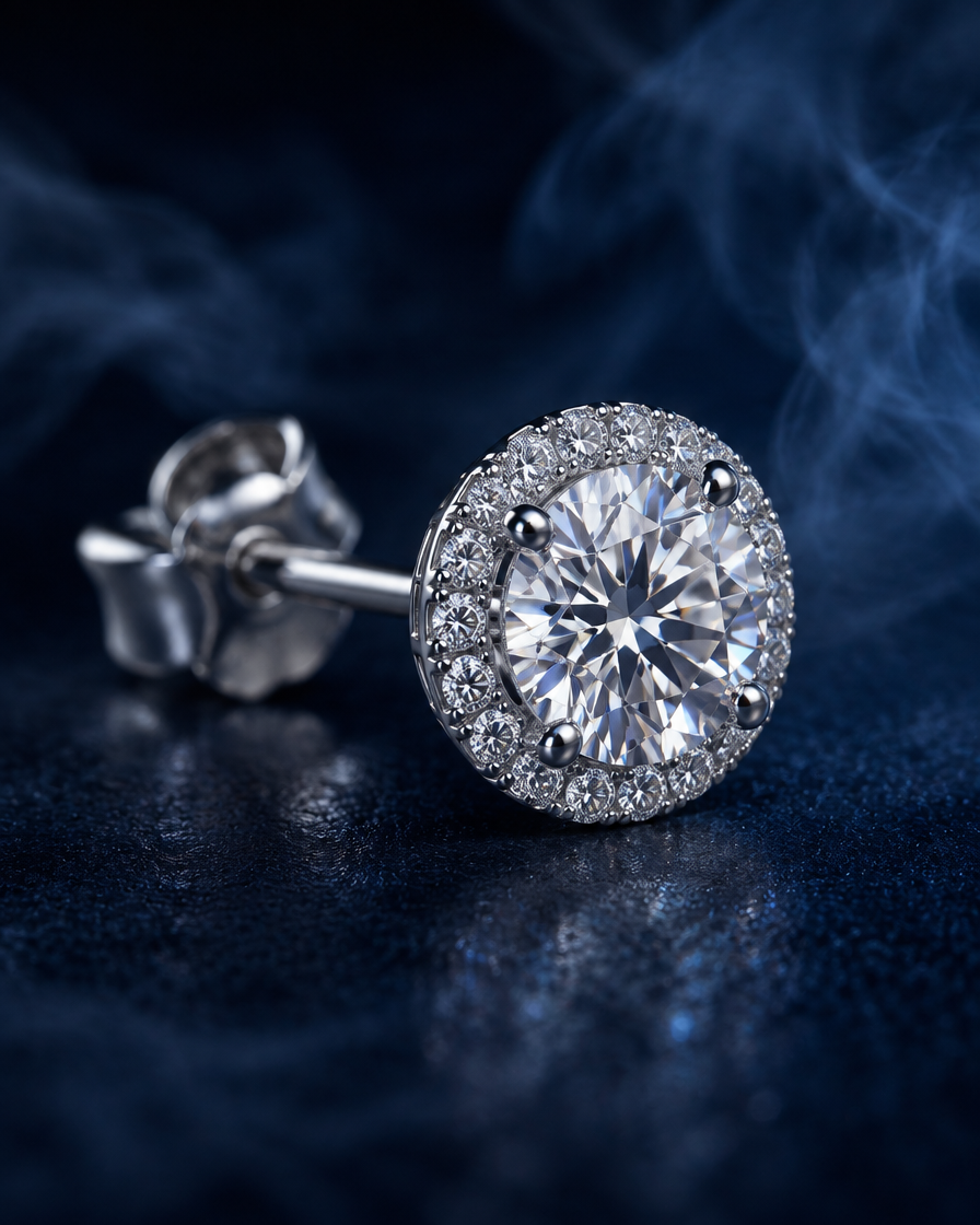 Close-up of a Corona halo stud's center stone and pavé halo.