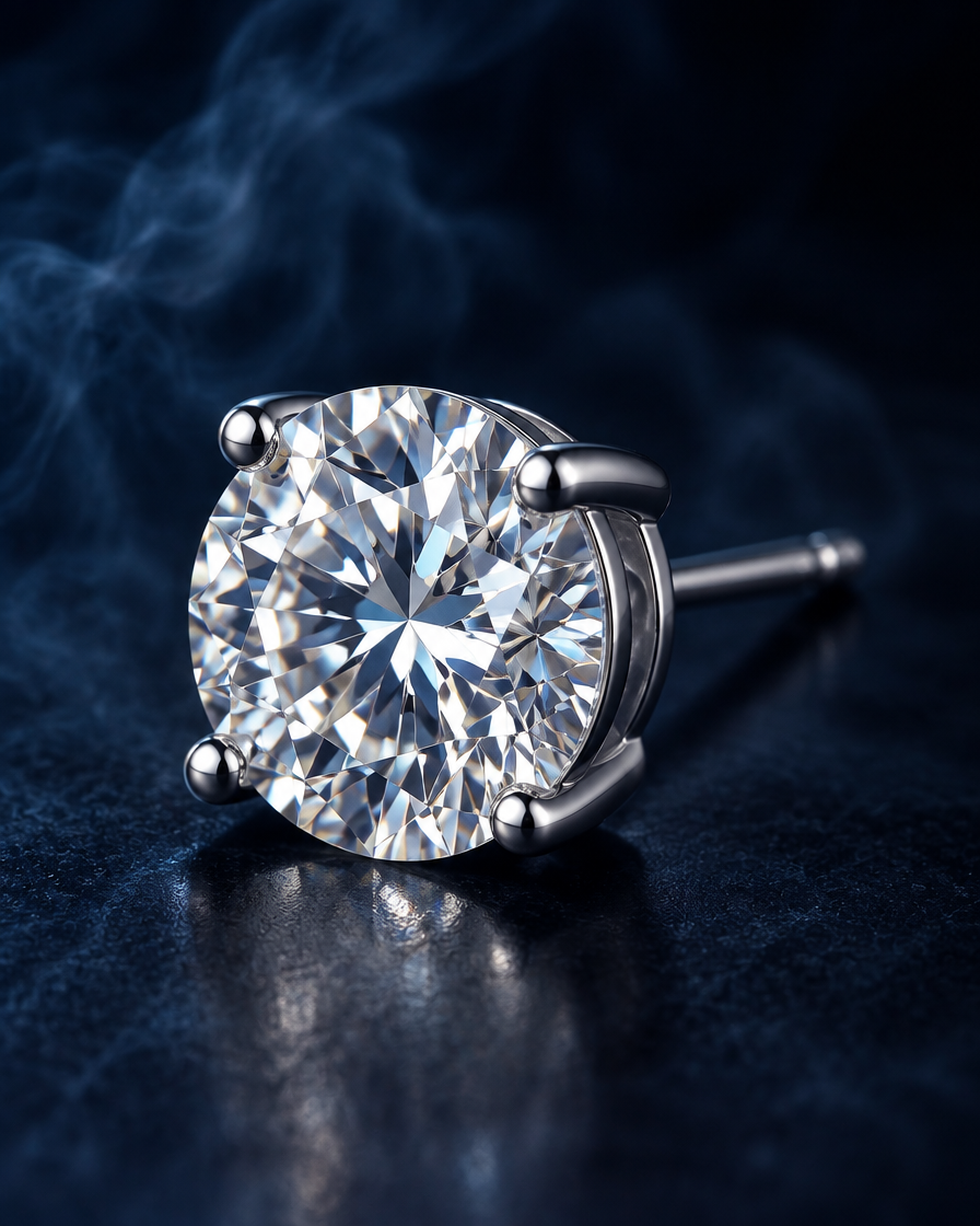 Close-up of a Blaise stud's solitaire stone and prongs.