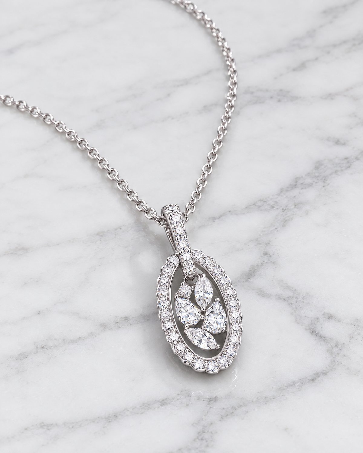 Meridian pendant from an angle, showing the depth of the halo setting.