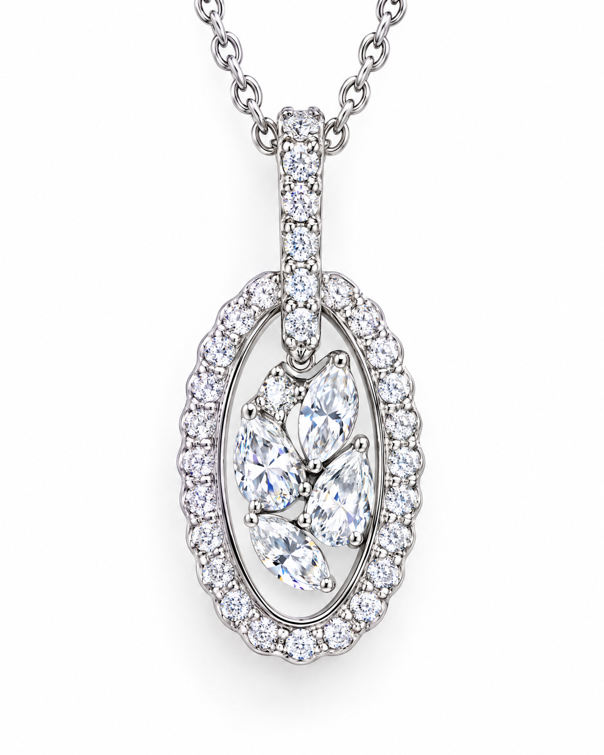 Close-up of the Meridian pendant's marquise-cut center stones and pavé halo.