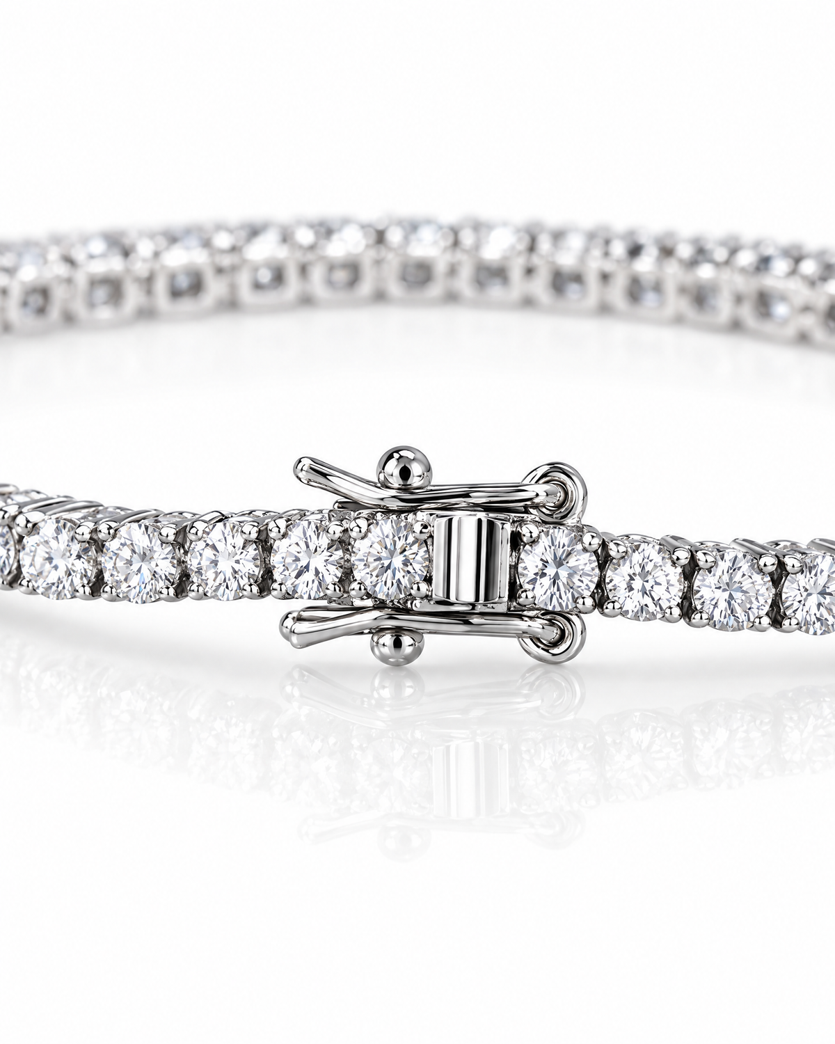 Close-up of the Aurelian tennis bracelet's round stones set in a silver line.