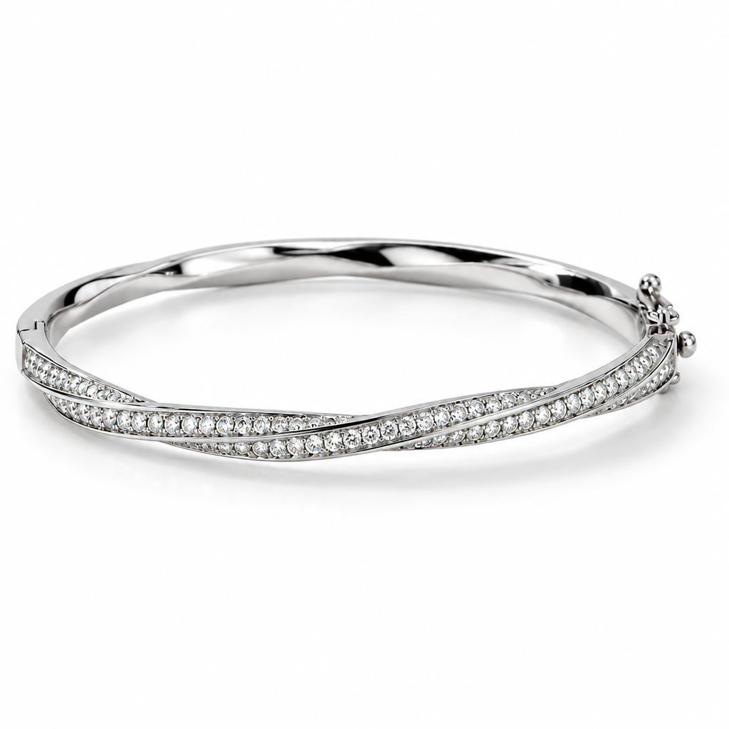 Close-up of the Marlowe bangle's twisted band of pavé stones.