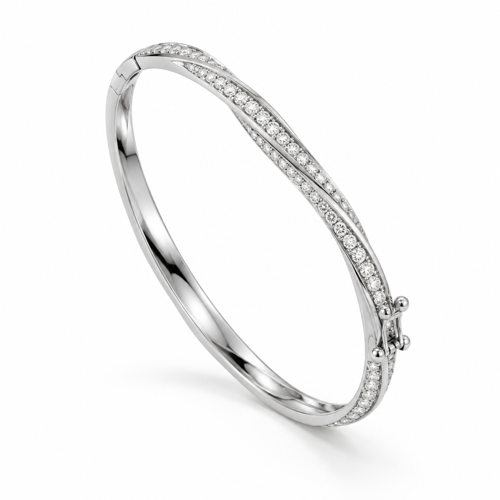Marlowe bangle seen from an angle, showing the twist in profile.