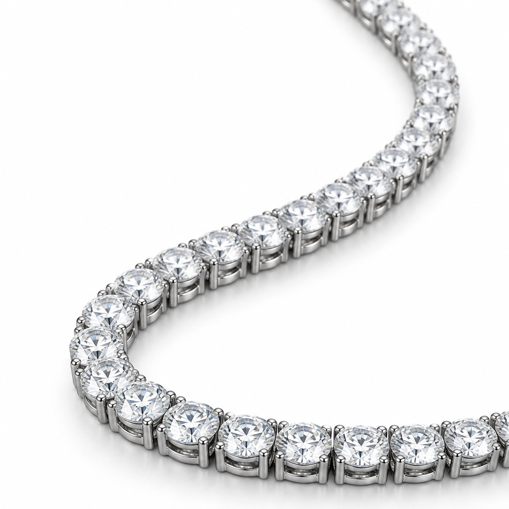 Close-up of the Aurelian tennis necklace showing the evenly set round stones.