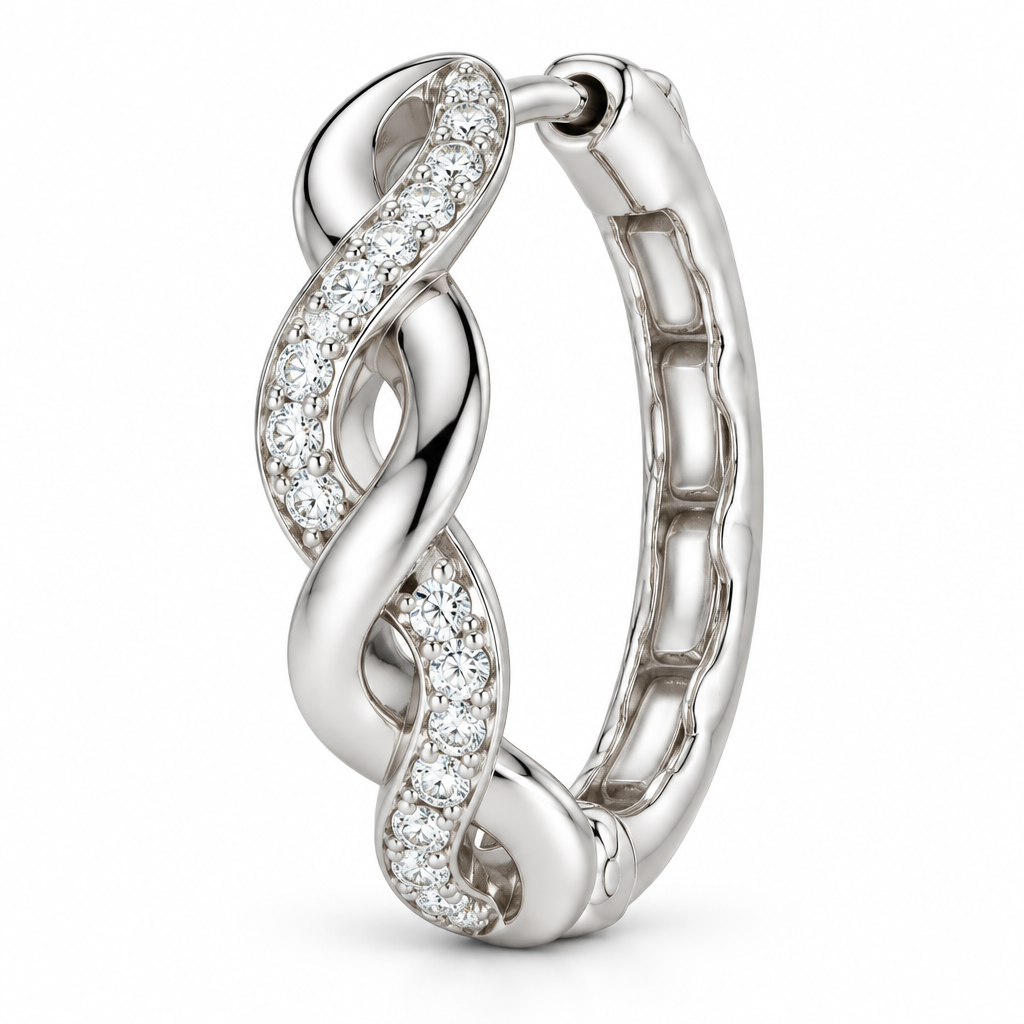 Close-up of a single Elara twist hoop showing its pavé stones.