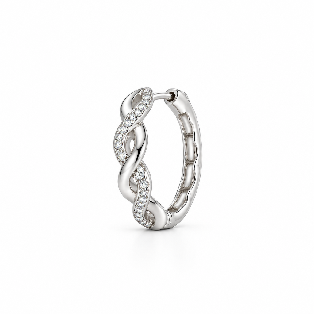 Side view of an Elara twist hoop, showing the hinge.