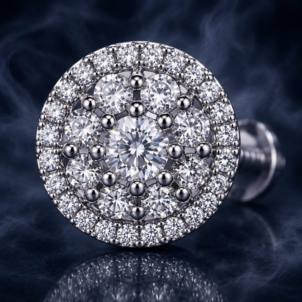 Close-up of an Amador stud's pavé cluster and beaded edge.